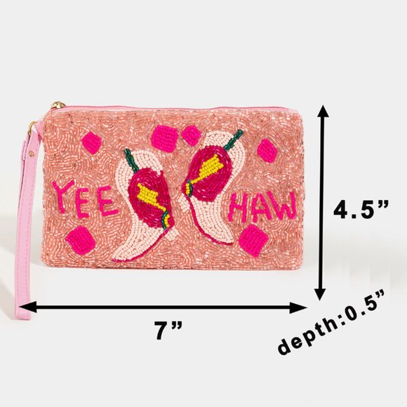 Beaded Yee Haw Cowgirl Western Pink Boots Money Makeup Lipstick Wristlet Bag - Picture 7 of 7